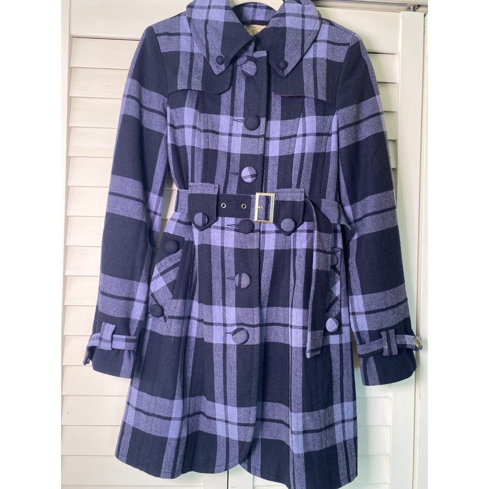 Anthropologie Tulle Wool Coat Purple & Black Plaid Belted Jacket Pink Lining | S